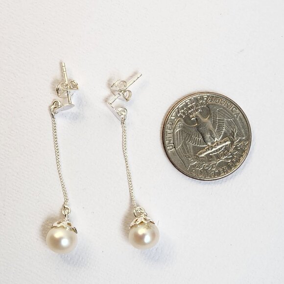 VTG 925 Honora/Tiffany's Style Dangle Drop Pearl Signed Ornate 2" Stud Earrings - Picture 8 of 15